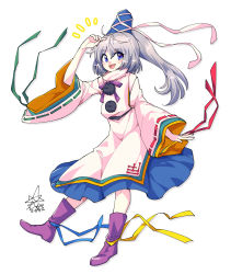 Rule 34 | 1girl, :d, arm up, blue eyes, blue hat, blue ribbon, blue skirt, boots, commentary, full body, green ribbon, grey hair, hair between eyes, hat, hat ribbon, high collar, highres, japanese clothes, long hair, long sleeves, looking at viewer, looking to the side, mononobe no futo, neck ribbon, open mouth, pom pom (clothes), ponytail, purple footwear, purple ribbon, red ribbon, ribbon, ribbon-trimmed sleeves, ribbon trim, signature, simple background, skirt, smile, solo, tate eboshi, touhou, umigarasu (kitsune1963), white background, white ribbon, wide sleeves, yellow ribbon