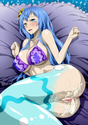 Rule 34 | 1girl, ass, blue eyes, blue hair, breasts, censored, cleavage, covered erect nipples, cum, female focus, highres, large breasts, mermaid, mero (one piece), monster, monster girl, nel-zel formula, one piece, pussy, solo, swimsuit