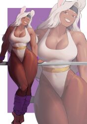 Rule 34 | 1girl, :d, alternate hairstyle, animal ears, bare shoulders, black headband, boku no hero academia, border, breasts, cleavage, commentary, covered abs, covered navel, curvy, dark-skinned female, dark skin, english commentary, headband, highleg, highleg leotard, highres, large breasts, leg warmers, leotard, long eyelashes, long hair, looking at viewer, mirko, open mouth, parted bangs, purple background, purple leg warmers, purple wrist cuffs, rabbit ears, rabbit girl, red eyes, red lips, sitting, smile, solo, taut leotard, thick thighs, thighs, toned, very long hair, white border, white hair, wide hips, zoom layer, zukululuu