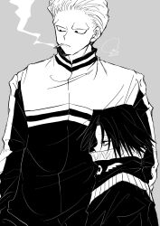 Rule 34 | . ., 2boys, covered mouth, feitan portor, hair pulled back, height difference, highres, hunter x hunter, jacket, male focus, monochrome, multiple boys, phinks magcub, ppox, short hair, simple background, smoke, smoking, upper body