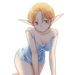 Rule 34 | 1girl, bare shoulders, blue nightgown, breasts, commentary request, elf, gensou suikoden, gensou suikoden iv, green eyes, ham pon, highres, kneeling, looking at viewer, medium breasts, nightgown, off shoulder, orange hair, paula (suikoden), pointy ears, short hair, simple background, sleepwear, solo, white background