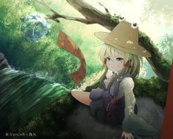 Rule 34 | 1girl, bad id, bad pixiv id, blonde hair, branch, commentary request, copyright name, day, hair ribbon, hat, looking up, megami benka, moriya suwako, nature, outdoors, purple skirt, red ribbon, ribbon, sitting, skirt, skirt set, solo, touhou, tress ribbon, vest, water, waterfall, wide sleeves, wind chime, yellow eyes