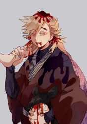 Rule 34 | 1boy, 1girl, absurdres, blonde hair, blood, blood from mouth, blood in hair, blood on leg, commentary request, corpse, douma (kimetsu no yaiba), fingernails, grey background, highres, holding, japanese clothes, kimetsu no yaiba, kimono, looking at viewer, male focus, mogutofuoes, obi, parted lips, pink eyes, red kimono, sash, sharp fingernails, short hair, simple background, solo focus, upper body