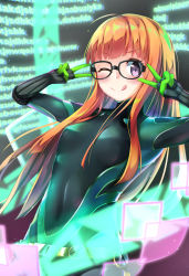 Rule 34 | 1girl, ;q, ahoge, bananatsukis, black-framed eyewear, black bodysuit, bodysuit, breasts, brown hair, covered navel, double v, glasses, highres, long hair, looking at viewer, one eye closed, persona, persona 5, purple eyes, sakura futaba, small breasts, solo, straight hair, tongue, tongue out, v, very long hair