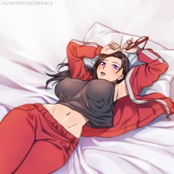 Rule 34 | 1girl, armpits, arms up, artist name, bed, breasts, brown hair, cocopeace, covered erect nipples, demi-chan wa kataritai, unworn eyewear, jacket, large breasts, long hair, lying, navel, on back, on bed, open mouth, pants, pillow, purple eyes, red jacket, red pants, satou sakie, solo, track jacket