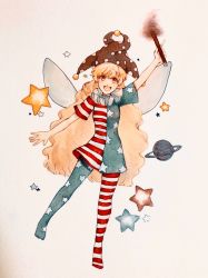 Rule 34 | 1girl, american flag dress, american flag pants, arm up, blonde hair, blue dress, blue pants, blush, breasts, brown hat, clownpiece, commentary request, dress, fairy wings, fire, hair between eyes, hand up, hat, highres, holding, holding torch, jester cap, leg up, long hair, looking up, marker (medium), medium breasts, multicolored clothes, multicolored dress, multicolored pants, neck ruff, no shoes, open mouth, pants, planet, polka dot, red dress, red eyes, red pants, saturn (planet), short sleeves, simple background, smile, solo, standing, standing on one leg, star (symbol), star print, striped clothes, striped dress, striped pants, torch, touhou, traditional media, white background, white dress, white pants, wings