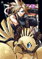Rule 34 | 1boy, 1other, armor, asymmetrical hair, bandaged arm, bandages, bird, blonde hair, blue eyes, blue shirt, bn 241, brown gloves, buster sword, chocobo, cloud strife, earrings, final fantasy, final fantasy vii, gloves, highres, holding, holding reins, jewelry, male focus, reins, riding, riding bird, shirt, short hair, shoulder armor, single bare shoulder, single earring, sleeveless, sleeveless turtleneck, spiked hair, suspenders, toned, toned male, turtleneck, weapon, weapon on back