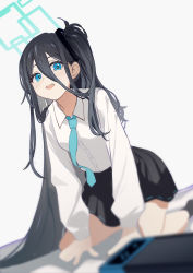 Rule 34 | 1girl, absurdly long hair, all fours, aris (blue archive), bad id, bad twitter id, black hair, blue archive, blue eyes, blue necktie, hairband, halo, hanamoto410, handheld game console, highres, long hair, looking at viewer, necktie, nintendo switch, no jacket, open mouth, school uniform, shirt, solo, teeth, upper teeth only, very long hair, white shirt