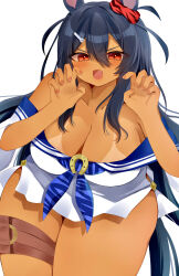Rule 34 | 1girl, absurdres, animal ears, animal print, bare shoulders, bikini, black bikini, blue neckerchief, blue sailor collar, breasts, claw pose, cleavage, commentary request, cowboy shot, dark-skinned female, dark skin, ear ornament, fang, hair ornament, hairclip, highres, hishi amazon (umamusume), horse ears, horse girl, horse tail, kaoru (h8qm9), large breasts, long hair, long sleeves, looking at viewer, neckerchief, one eye closed, open mouth, sailor collar, shirt, smile, solo, swimsuit, tail, thigh strap, tiger print, umamusume, very long hair, white background, white shirt, wide sleeves