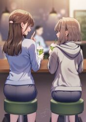 Rule 34 | 1boy, 2girls, amagi shino, artist name, ass, bar stool, black skirt, blue sweater, blurry, blurry background, brown hair, cafe, commentary request, cup, disposable cup, drinking straw, grey hoodie, highres, holding, holding cup, hood, hoodie, indoors, long hair, multiple girls, open mouth, original, receptionist girl (amagi shino), receptionist kohai (amagi shino), short hair, sitting, skirt, stool, sweater, talking, watermark
