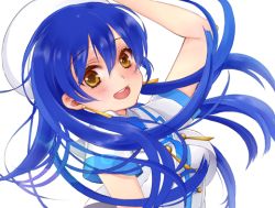 Rule 34 | 10s, 1girl, bad id, bad pixiv id, blue hair, blush, earrings, hat, jewelry, long hair, looking at viewer, love live!, love live! school idol project, meme (zuwaigani4), open mouth, smile, solo, sonoda umi, wonderful rush, yellow eyes