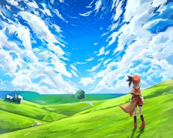 Rule 34 | 1girl, blue sky, brown hair, cloud, day, from behind, grass, hair ribbon, hat, horizon, lucena winter, meadow, original, outdoors, pleated skirt, ribbon, scenery, side ponytail, skirt, sky, solo, tree, wind, yuuhagi (amaretto-no-natsu)