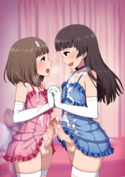 Rule 34 | 2boys, blunt bangs, blush, censored, crossdressing, cum, cum on body, cum on penis, dress, ejaculation, elbow gloves, frilled dress, frills, gloves, highres, holding hands, interlocked fingers, lingerie, long hair, looking at another, matching outfits, mosaic censoring, multiple boys, negligee, penis, penises touching, short hair, standing, sweat, testicles, thighhighs, trap, trap on trap, underwear, wataya, white gloves, white thighhighs, yaoi
