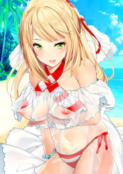 Rule 34 | 1girl, absurdres, arm under breasts, aruuin, bare shoulders, beach, bead bracelet, beads, bikini, blonde hair, blue sky, blush, bracelet, breasts, collarbone, criss-cross halter, day, dress, fate/extra, fate/grand order, fate (series), gown, green eyes, hair ribbon, halterneck, highres, jewelry, large breasts, long hair, looking at viewer, navel, nero claudius (fate), nero claudius (fate) (all), nero claudius (swimsuit caster) (fate), nero claudius (swimsuit caster) (third ascension) (fate), nipple slip, nipples, ocean, open mouth, palm tree, red bikini, red ribbon, ribbon, see-through, sky, smile, solo, striped bikini, striped clothes, swept bangs, swimsuit, tree, white ribbon