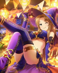 Rule 34 | 10s, 1girl, adjusting clothes, adjusting headwear, anklet, blue eyes, bracelet, breasts, brown hair, elbow gloves, gloves, hat, idolmaster, idolmaster cinderella girls, jack-o&#039;-lantern, jewelry, large breasts, long hair, matsumoto sarina, midriff, official art, one eye closed, smile, solo, thighhighs, underboob, witch hat