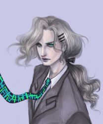 Rule 34 | 10s, 1boy, blue eyes, bow, formal, glowing, glowing eyes, grey hair, hair bow, hair ornament, hairclip, k-rei, lips, long hair, male focus, necktie, pale skin, ponytail, solo, suit, tiger &amp; bunny, white hair, yuri petrov