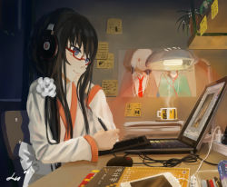Rule 34 | 1girl, beats by dr. dre, black hair, blue eyes, book, cable, cellphone, chair, charger, computer, desk, drawing, drawing tablet, drink, electric plug, figure, flower pot, fluorescent lamp, glasses, hand on own face, hatsune miku, lamp, laptop, long hair, lu&quot;, mouse (computer), on desk, original, painttool sai, paper, pen, phone, plant, poster (medium), red-framed eyewear, robe, scrunchie, self-portrait, signature, sitting, smartphone, smile, solo, steam, sticky note, thinkpad, vocaloid, windows 7