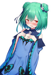 Rule 34 | 1girl, absurdres, bare shoulders, blue bow, blue dress, blue sleeves, blush, bow, detached sleeves, double bun, dress, dutch angle, green hair, green nails, hair between eyes, hair bow, hair bun, hair ornament, hand over heart, hands up, highres, hololive, juliet sleeves, kutar22, long sleeves, looking at viewer, nail polish, open mouth, puffy sleeves, red eyes, simple background, skull hair ornament, sleeveless, sleeveless dress, solo, uruha rushia, uruha rushia (1st costume), virtual youtuber, wavy mouth, white background, wide sleeves
