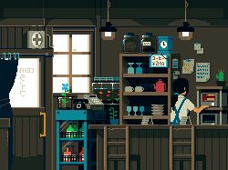 Rule 34 | 1girl, analog clock, animated, animated gif, black hair, blue flower, bottle, cafe, cash register, chair, clock, cup, fish tank, flickering, flower, indoors, long hair, lowres, monochrome, original, overalls, pixel art, ponytail, shirt, solo, teacup, toyoi yuuta, white shirt, window