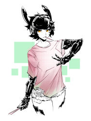 Rule 34 | 1girl, andyface, animal ears, black hair, breasts, rabbit ears, commentary, cropped legs, cyborg, english commentary, fake animal ears, food, food in mouth, headphones, high contrast, highres, limited palette, looking at viewer, mechanical arms, single mechanical hand, mechanical hands, mechanical parts, mouth hold, orange eyes, original, pants, pink shirt, pocky, prosthesis, prosthetic arm, rabbit (andyface), shirt, solo, t-shirt, v, wireless