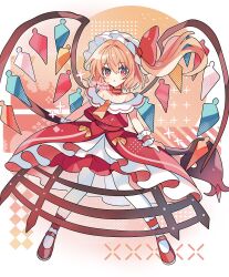 Rule 34 | 1girl, adapted costume, alternate costume, bare shoulders, blonde hair, flandre scarlet, full body, hat, highres, holding, holding staff, long hair, looking at viewer, mob cap, off-shoulder shirt, off shoulder, pantyhose, red eyes, red skirt, shirocha tei, shirt, side ponytail, skirt, solo, staff, touhou, twitter username, white hat, white pantyhose, wings