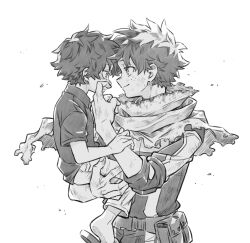 Rule 34 | 2boys, aged down, belt, bodysuit, boku no hero academia, carrying, carrying person, child, closed mouth, collared shirt, commentary request, dual persona, fingernails, freckles, greyscale, looking at another, male focus, midoriya izuku, monochrome, multiple boys, pocket, roho rkgk, scarf, shirt, short hair, short sleeves, shorts, simple background, slippers, smile, spiked hair, standing, superhero costume, t-shirt, tearing up, torn clothes, torn scarf