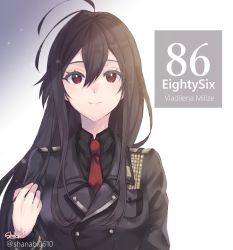 Rule 34 | 1girl, 86 -eightysix-, ahoge, alternate eye color, alternate hair color, artist name, black hair, black jacket, black shirt, character name, closed mouth, collared shirt, commentary, copyright name, eyelashes, hair between eyes, highres, jacket, long hair, long sleeves, looking at viewer, military, military jacket, military uniform, necktie, red eyes, red necktie, shanabi0610, shirt, smile, solo, straight hair, twitter username, uniform, upper body, very long hair, vladilena millize, watermark, white background, wing collar