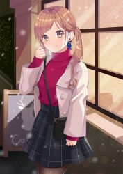 Rule 34 | 1girl, amick (americanomix), bad id, bad pixiv id, bag, black skirt, black thighhighs, blazer, blue ribbon, blurry, breath, brown eyes, brown hair, cafe, closed mouth, commentary request, depth of field, earrings, hand up, jacket, jewelry, long hair, long sleeves, looking at viewer, original, outdoors, parted bangs, pink sweater, pleated skirt, ribbed sweater, ribbon, shirt tucked in, shoulder bag, sign, skirt, sleeves past wrists, smile, snowing, solo, standing, sweater, thighhighs, turtleneck, turtleneck sweater, twintails, white jacket, window, winter