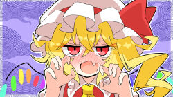 Rule 34 | 1girl, ascot, blonde hair, blue background, blush, bow, claw pose, crossed bangs, d:, eyes visible through hair, fang, flandre scarlet, flustered, frilled shirt collar, frills, full-face blush, furrowed brow, hands up, hat, hat bow, long hair, mob cap, neosiromaruzmc, no nose, one-hour drawing challenge, open mouth, outline, outside border, portrait, red bow, red eyes, side ponytail, skin fang, slit pupils, solo, straight-on, sweat, touhou, white hat, white outline, wing collar, yellow ascot