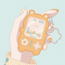 Rule 34 | 1girl, blue background, buttons, charm (object), commentary request, fingernails, handheld game console, highres, holding, holding handheld game console, long sleeves, multicolored nails, nail polish, nekomaru0817, orange nails, original, pastel colors, plaid, pov, pov hands, simple background, solo, tetris, yellow nails