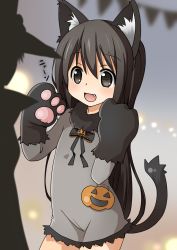 Rule 34 | 1girl, :d, animal costume, animal ears, animal hands, black eyes, black hair, cat costume, cat ears, cat paws, cat tail, commentary request, dress, fang, frilled dress, frills, gia (abab0707), gloves, grey dress, halloween, halloween costume, highres, jack-o&#039;-lantern ornament, long hair, long sleeves, open mouth, original, paw gloves, pumpkin, short dress, smile, tail, translated