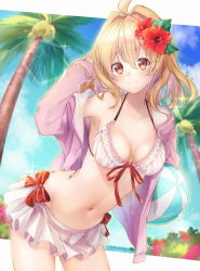 Rule 34 | 1girl, absurdres, ahoge, ball, beachball, bikini, bikini skirt, blonde hair, blurry, blurry background, blush, breasts, cleavage, closed mouth, commentary request, floating hair, flower, frilled bikini, frills, front-tie bikini top, front-tie top, fukuzawa yukichi (egoist867), groin, hair between eyes, hair flower, hair intakes, hair ornament, halterneck, hand in own hair, hibiscus, highres, holding, holding ball, idolish7, jacket, jacket over swimsuit, long hair, looking at viewer, medium breasts, midriff, navel, off shoulder, open clothes, open jacket, palm tree, pink jacket, pleated skirt, red eyes, red flower, red ribbon, ribbon, skirt, sleeves past wrists, smile, solo, stomach, swimsuit, takanashi tsumugi, tree, white bikini, white skirt