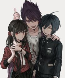 Rule 34 | 1girl, 2boys, :d, ahoge, arm up, black hair, black jacket, blunt bangs, blush, breast pocket, brown eyes, brown hair, collarbone, commentary request, danganronpa (series), danganronpa v3: killing harmony, facial hair, goatee, grey background, hair between eyes, hair ornament, hairclip, hand on another&#039;s shoulder, hands up, harukawa maki, highres, holding, holding own hair, jacket, jacket on shoulders, long hair, long sleeves, looking at viewer, low twintails, mole, mole under eye, momota kaito, multiple boys, muuyiie, open mouth, pants, plaid, plaid skirt, pleated skirt, pocket, pout, print shirt, purple hair, red eyes, red scrunchie, red shirt, saihara shuichi, school uniform, scrunchie, serafuku, shirt, short hair, simple background, skirt, smile, spiked hair, striped clothes, striped jacket, striped pants, teeth, thumbs up, twintails, upper body, upper teeth only, vertical stripes, white shirt