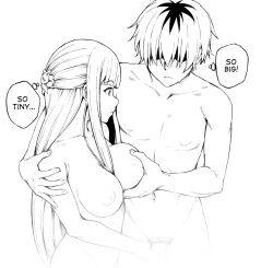 Rule 34 | 1boy, 1girl, blunt bangs, blush, breasts, collarbone, commentary, cowboy shot, english commentary, fern (sousou no frieren), geewhy, grabbing, grabbing another&#039;s breast, greyscale, groping, large breasts, looking at another, male pubic hair, monochrome, nipples, parted lips, penis, pubic hair, short hair, sousou no frieren, standing, stark (sousou no frieren), sweat, thought bubble, white background