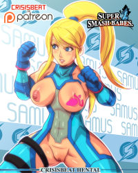 Rule 34 | 1girl, abs, adapted costume, artist name, asymmetrical clothes, bare shoulders, blonde hair, blue eyes, bodysuit, breast cutout, breastless clothes, breasts, breasts out, character name, covered erect nipples, crisisbeat, crotch cutout, elbow gloves, energy, fighting stance, functionally nude, gloves, glowing, large breasts, long hair, metroid, mole, muscular, navel, nintendo, nipples, one pasty, parted lips, pasties, ponytail, pussy, revealing clothes, samus aran, see-through, solo, super smash bros., teeth, thighhighs, toned, uncensored, zero suit