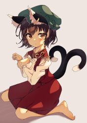 Rule 34 | 1girl, absurdres, animal ear fluff, animal ears, barefoot, blush, brown eyes, brown hair, cat ears, cat tail, chen, dot nose, dot pupils, dress, earrings, flat chest, green hat, hat, highres, jewelry, looking to the side, mob cap, multiple tails, nekomata, on ground, open mouth, paw pose, petite, red dress, ribbon, seika okawari, shirt, short hair, simple background, single earring, solo, tail, touhou, two tails, white background, white shirt, yellow ribbon