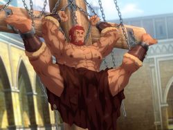Rule 34 | 1boy, abs, bara, bare pectorals, bdsm, beard, bondage, bound, bound legs, bracer, bulge, chain, chained, chained wrists, facial hair, fate/grand order, fate/zero, fate (series), full body, iskandar (fate), konohanaya, large pectorals, leather, male focus, manly, muscular, navel, nipples, pectorals, red eyes, red hair, scar, shiny skin, short hair, solo, spread legs, thick thighs, thighs, veins