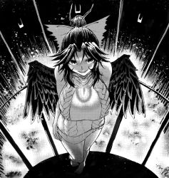 Rule 34 | 1girl, alternate costume, arms at sides, bare arms, bare legs, bare shoulders, barefoot, bird wings, bow, breasts, commentary request, dress, explosion, fisheye, from above, from below, full body, glowing, greyscale, hair bow, high ponytail, huge breasts, indoors, koyubi (littlefinger1988), looking at viewer, looking up, meme attire, monochrome, parted lips, ponytail, railing, reiuji utsuho, sleeveless, sleeveless dress, sleeveless sweater, slit pupils, smile, solo, standing, sweater, sweater dress, third eye, touhou, wings