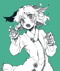 Rule 34 | 1girl, animal ears, blush, dog ears, dress, green background, greyscale with colored background, hatching (texture), itomugi-kun, kasodani kyouko, linear hatching, long sleeves, looking at viewer, monochrome, open mouth, short hair, simple background, sketch, solo, touhou, upper body