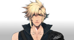 Rule 34 | 1boy, aqua eyes, armor, blonde hair, blue shirt, cloud strife, coat, collarbone, earrings, final fantasy, final fantasy vii, final fantasy vii advent children, gradient background, hair between eyes, high collar, hiryuu (kugelcruor), jewelry, looking at viewer, male focus, open clothes, open coat, portrait, shirt, short hair, shoulder armor, shoulder strap, signature, single earring, sleeveless, sleeveless shirt, solo, spiked hair, upper body, wolf