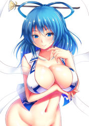 Rule 34 | 1girl, blue eyes, blue hair, blush, bottomless, breasts, cleavage, ebi 193, female focus, hair ornament, hair rings, hair stick, kaku seiga, large breasts, looking at viewer, matching hair/eyes, navel, out-of-frame censoring, shawl, simple background, smile, solo, touhou, vest, white background