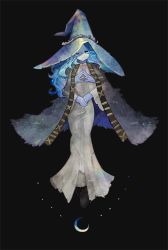 Rule 34 | 1girl, :c, black background, blue eyes, blue hair, blue skin, botjira, cloak, closed mouth, colored skin, crescent moon, dress, elden ring, extra arms, fur cloak, grey dress, hat, highres, long dress, looking at viewer, moon, one eye closed, ranni the witch, simple background, solo, witch hat