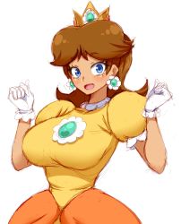 Rule 34 | 1girl, absurdres, blue eyes, breasts, brooch, brown hair, clenched hands, crown, dress, earrings, eyelashes, flipped hair, flower earrings, gloves, hands up, highres, jewelry, large breasts, looking at viewer, mario (series), medium hair, nintendo, open mouth, orange dress, parted bangs, princess, princess daisy, puffy short sleeves, puffy sleeves, short sleeves, simmsy, simple background, solo, super mario land, upper body, white background, white gloves, yellow dress
