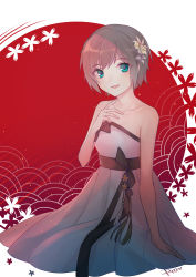 Rule 34 | 1girl, :d, artist name, bare shoulders, black ribbon, blue eyes, brown hair, collarbone, dress, egg (rxlal), final fantasy, final fantasy xiv, flat chest, flower, hair flower, hair ornament, hand up, heart, highres, looking at viewer, open mouth, ribbon, short hair, smile, solo, strapless, strapless dress, tassel, two-tone background, upper body, white dress