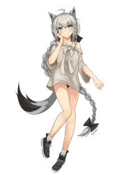 Rule 34 | 1girl, absurdres, ahoge, alternate costume, alternate hair color, alternate hairstyle, animal ears, aqua eyes, black bow, bow, dated, fox ears, fox girl, fox tail, full body, grey hair, hair bow, hand on own cheek, hand on own face, highres, hololive, jushoro, long braid, long hair, long shirt, looking at viewer, no pants, off-shoulder shirt, off shoulder, shirakami fubuki, shirakami fubuki (street), shirt, shoes, signature, sneakers, solo, tail, twintails, very long hair, virtual youtuber