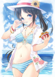 Rule 34 | 1girl, bikini, bikini under clothes, black hair, blue eyes, bracelet, breasts, cloud, cloudy sky, collarbone, cowboy shot, day, flower, food, front-tie bikini top, front-tie top, hat, highres, horizon, hyuuga azuri, ice cream, jewelry, long hair, looking at viewer, medium breasts, navel, necklace, ocean, open clothes, open shirt, original, outdoors, ponytail, shirt, sky, solo, striped bikini, striped clothes, sunflower, swimsuit, water