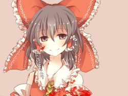 Rule 34 | 1girl, ascot, bad id, bad pixiv id, blood, blood on clothes, blood on face, blush, bow, brown eyes, brown hair, detached sleeves, dress, female focus, hair bow, hair tubes, hakurei reimu, highres, japanese clothes, miko, pasutel, red dress, simple background, smile, solo, touhou, yandere
