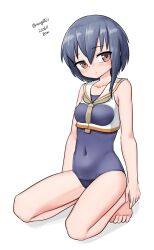 Rule 34 | 1girl, absurdres, asymmetrical hair, barefoot, black hair, blue one-piece swimsuit, breast cutout, brown eyes, brown neckerchief, dated, framed breasts, hair between eyes, highres, i-13 (kancolle), kantai collection, kneeling, looking at viewer, maru (marg0613), neckerchief, one-hour drawing challenge, one-piece swimsuit, sailor collar, school swimsuit, shirt, short hair, simple background, sleeveless, sleeveless shirt, solo, swimsuit, twitter username, white background, white sailor collar