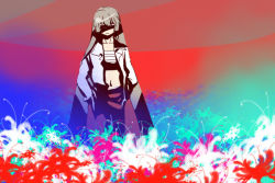 Rule 34 | 1girl, colorful, female focus, flower, fujiwara no mokou, hands in pockets, long hair, open clothes, open shirt, sarashi, shirt, solo, spider lily, standing, touhou, white flower, white spider lily, yumiya