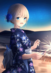 Rule 34 | 1girl, :d, absurdres, bad id, bad pixiv id, blonde hair, blue kimono, commentary request, fireworks, floral print, flower, hair flower, hair ornament, highres, holding, holding fireworks, japanese clothes, kimono, looking at viewer, open mouth, original, outdoors, senri (senri sen), short hair, smile, solo, upper body, yukata